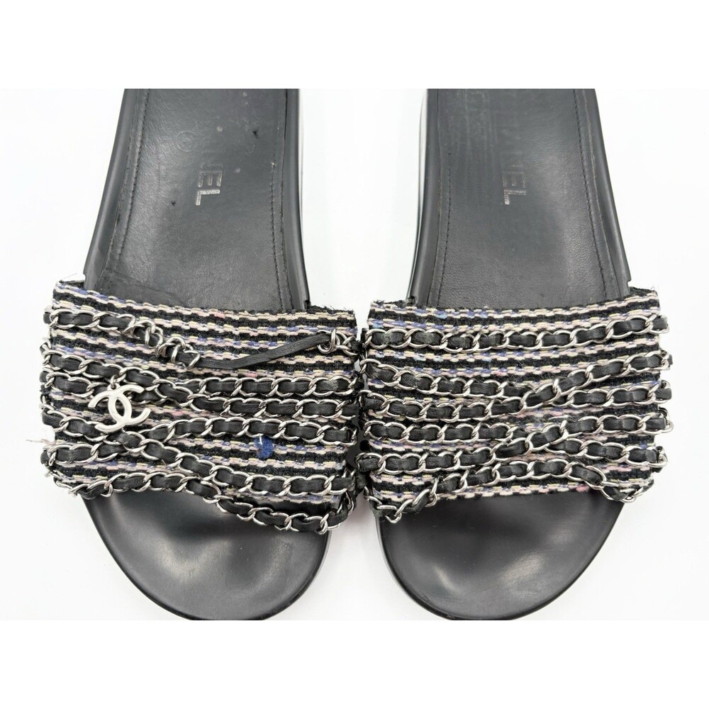 Chanel Black Tweed Tropiconic Chain Flat Slides Sandals Pink & Blue Accent EU 38 - Picture 6 of 11